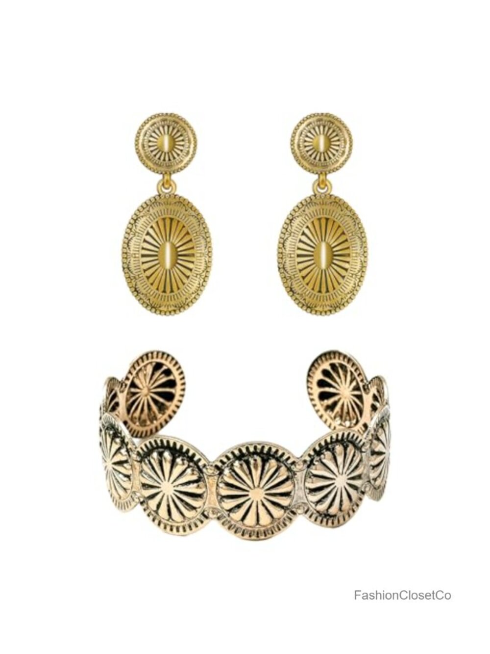 Western Concho Cuff Bracelet & Dangle Earrings Set Boho Jewelry